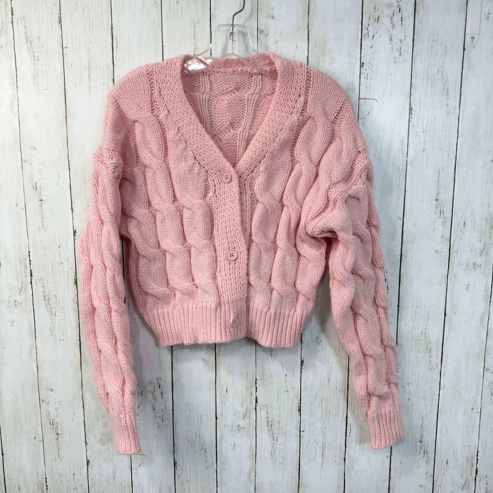 Women's Pink Cable Knit Cropped Cardigan Sweater Button Front V Neck Size M